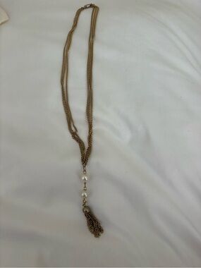 Vintage Gold-Tone Pearl Drop Tassel Necklace